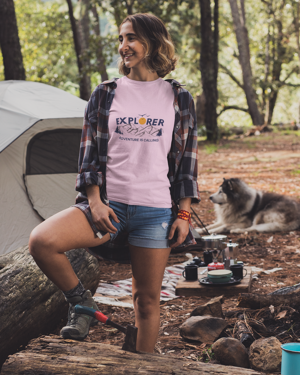Unisex Adventure is calling Cotton T shirt Baby Pink Adventure Hiking Camping Camper Van Beach Cruise Vacation Road Trip Wildlife Safari Wanderlust Explorer Nature Lover Mountain Outdoor Adventure Travel Vacation Camping Campfire Graphic Quote T shirt