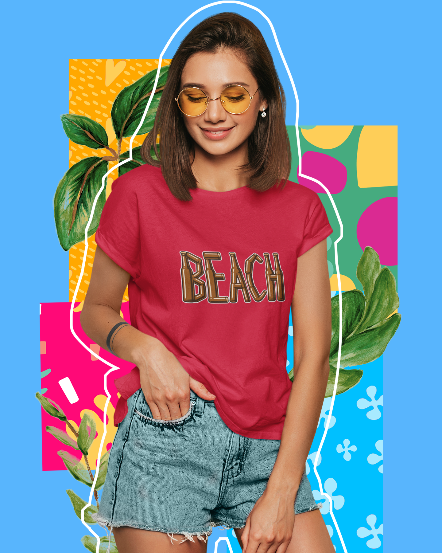 Woman wearing a red 'BEACH' t-shirt with colorful abstract shapes and leaves on a blue background