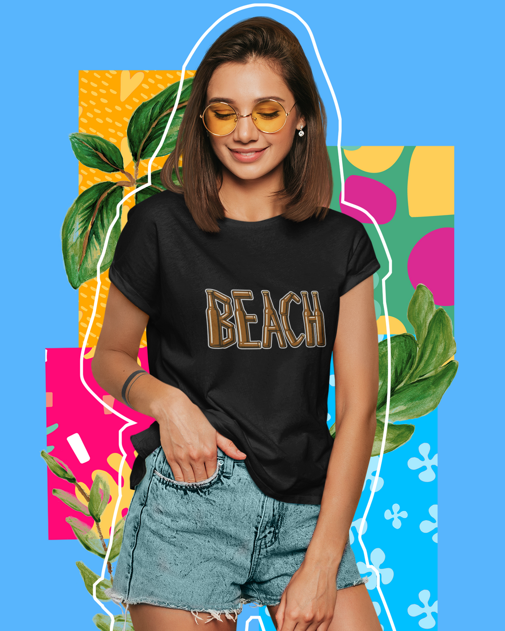 Woman wearing a black 'BEACH' t-shirt with colorful abstract background