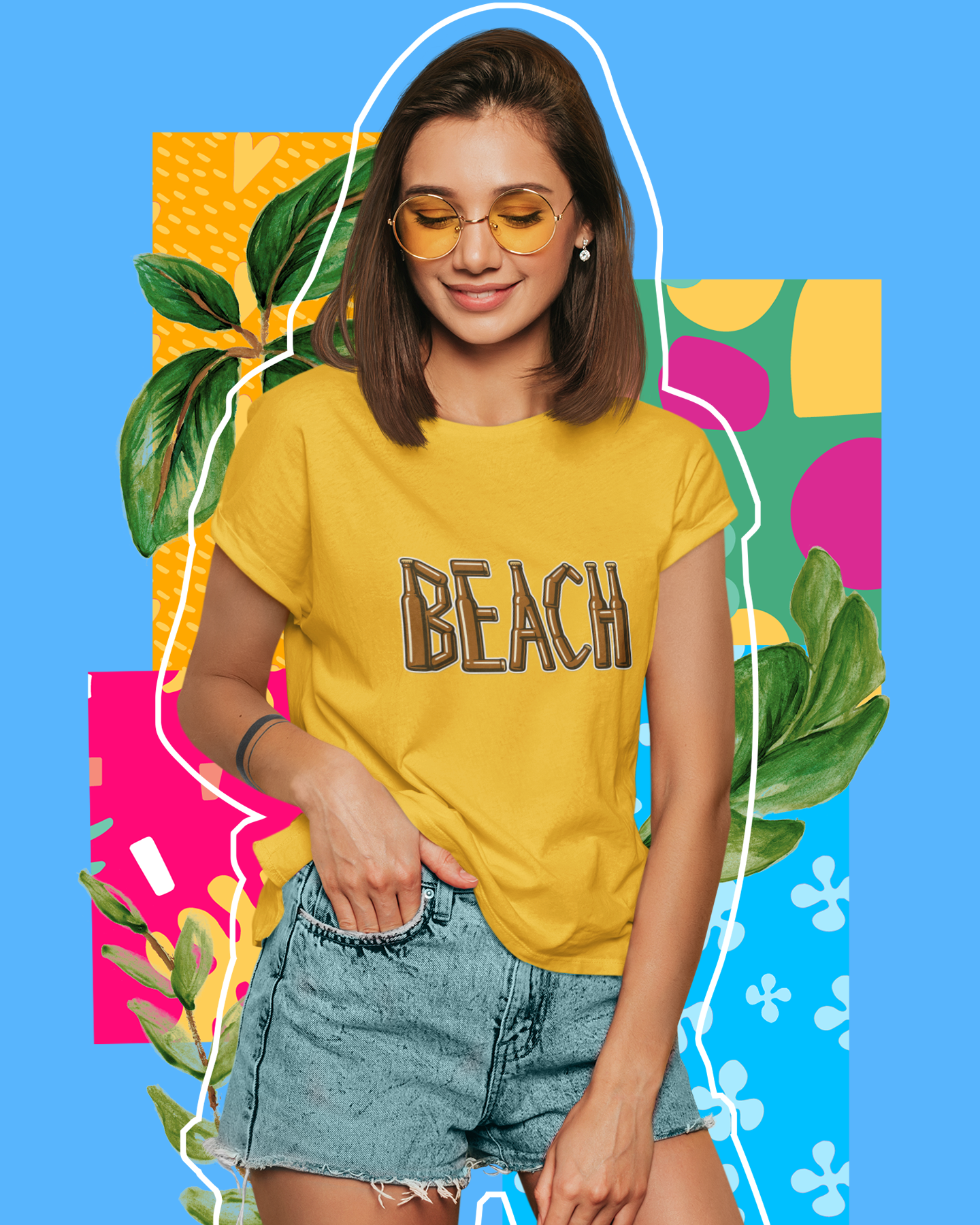 Woman wearing a yellow 'BEACH' t-shirt with colorful abstract background