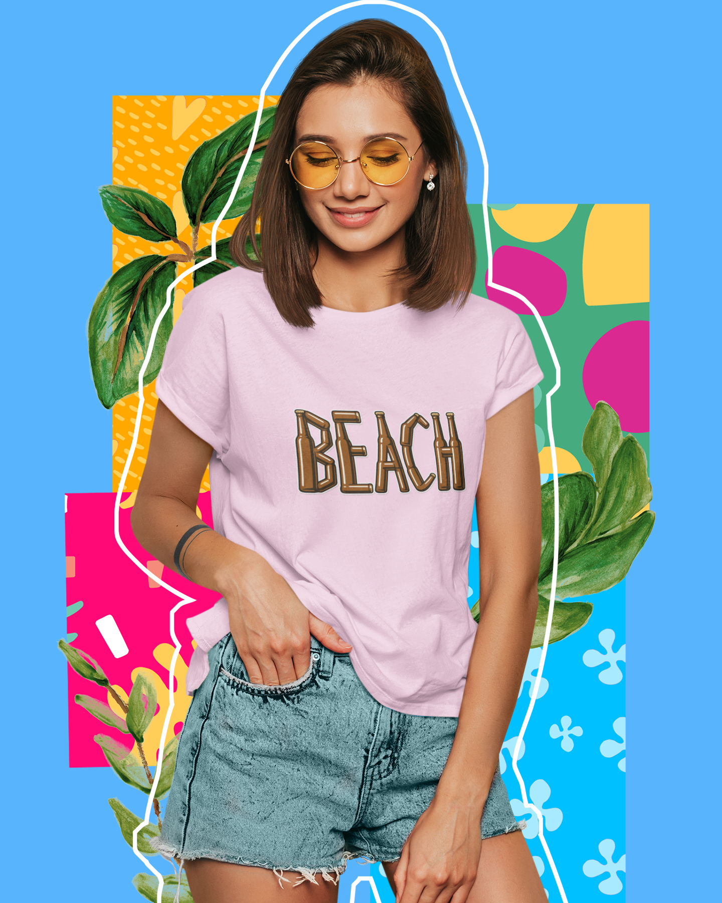 Woman wearing a pink 'BEACH' t-shirt with colorful abstract design elements on a blue background