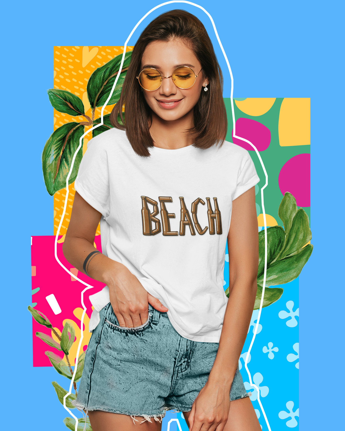 Woman wearing a white t-shirt with 'BEACH' text on a colorful abstract background