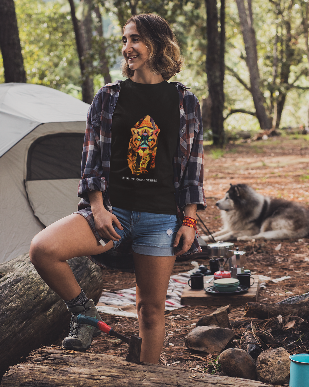 Unisex Born to Chase Stripes - Tiger Safari Cotton T shirt Black Adventure Hiking Camping Camper Van Beach Cruise Vacation Road Trip Wildlife Safari Wanderlust Explorer Nature Lover Mountain Outdoor Adventure Travel Vacation Camping Campfire Graphic Quote T shirt