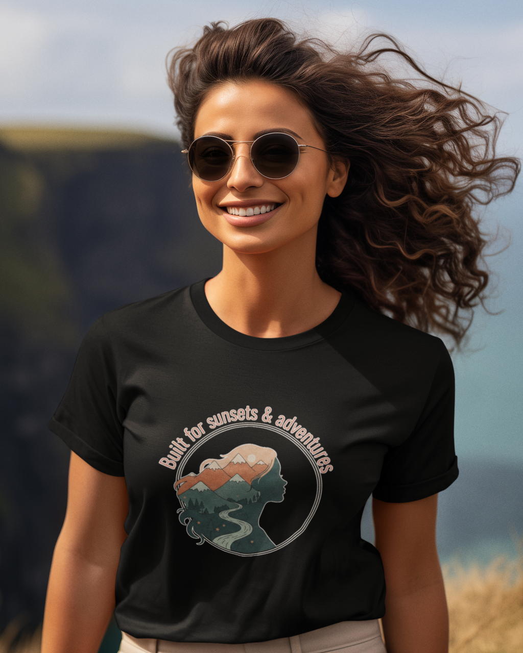 Unisex Built for Sunsets and Adventure Cotton T shirt Black Adventure Hiking Camping Camper Van Beach Cruise Vacation Road Trip Wildlife Safari Wanderlust Explorer Nature Lover Mountain Outdoor Adventure Travel Vacation Camping Campfire Graphic Quote T shirt