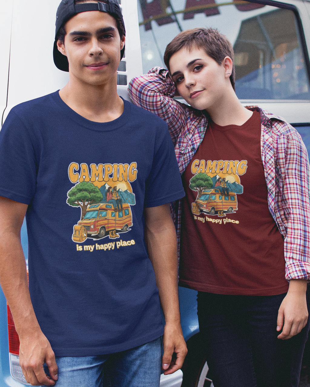 Unisex Camping Is My Happy Place T-Shirt Brick Red Adventure Hiking Camping Camper Van Beach Cruise Vacation Road Trip Wildlife Safari Wanderlust Explorer Nature Lover Mountain Outdoor Adventure Travel Vacation Camping Campfire Graphic Quote T shirt
