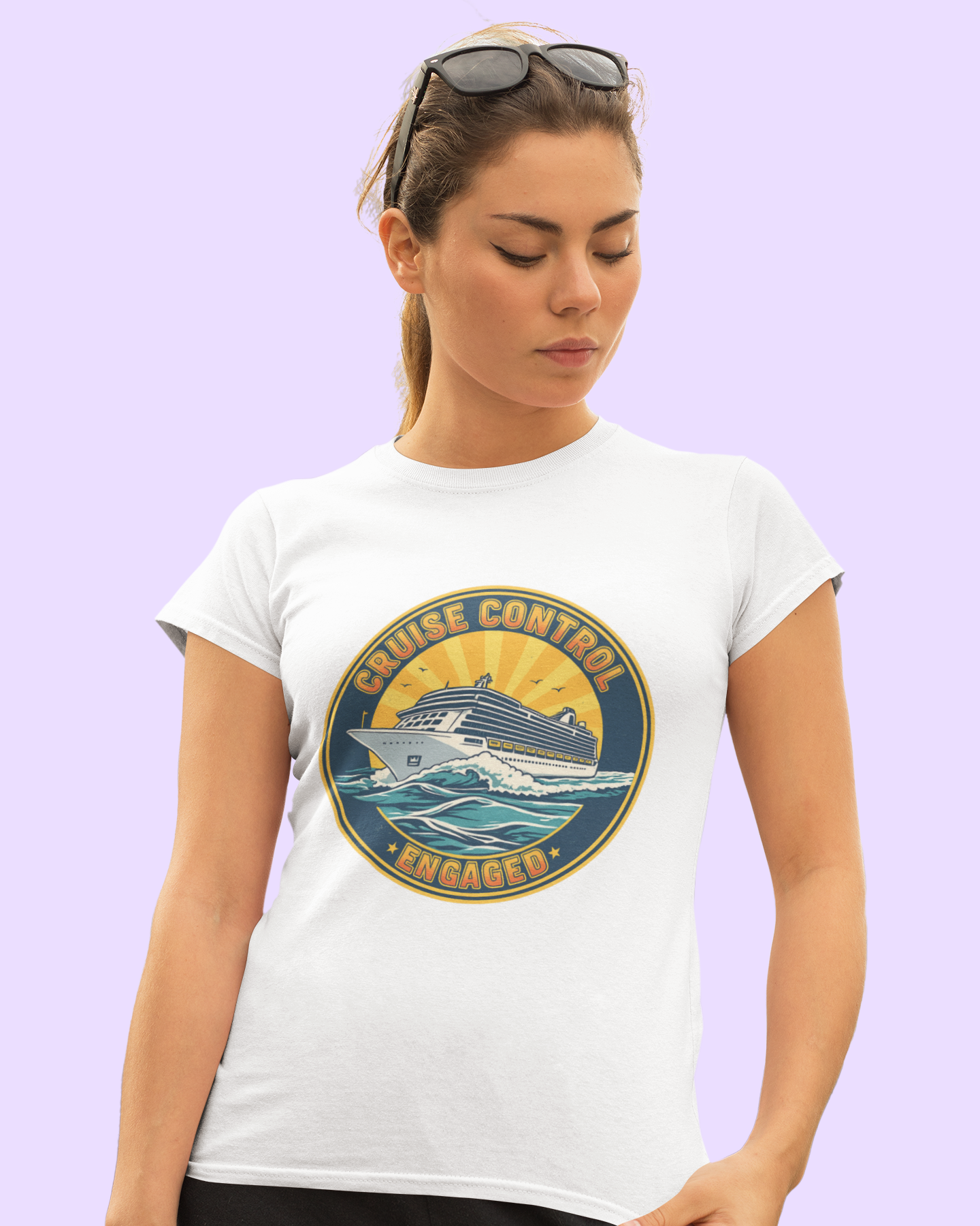 Woman wearing a white t-shirt with a graphic design on a light purple background