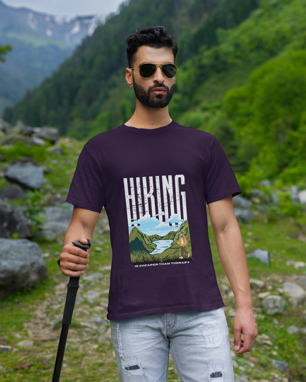 Unisex Hiking is cheaper than therapy - Male Cotton T shirt Purple Adventure Hiking Camping Camper Van Beach Cruise Vacation Road Trip Wildlife Safari Wanderlust Explorer Nature Lover Mountain Outdoor Adventure Travel Vacation Camping Campfire Graphic Quote T shirt