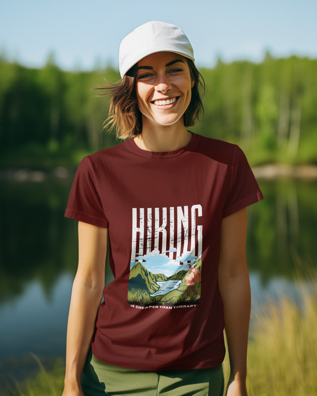 Unisex Hiking is cheaper than therapy - Female Cotton T shirt Brick Red Adventure Hiking Camping Camper Van Beach Cruise Vacation Road Trip Wildlife Safari Wanderlust Explorer Nature Lover Mountain Outdoor Adventure Travel Vacation Camping Campfire Graphic Quote T shirt