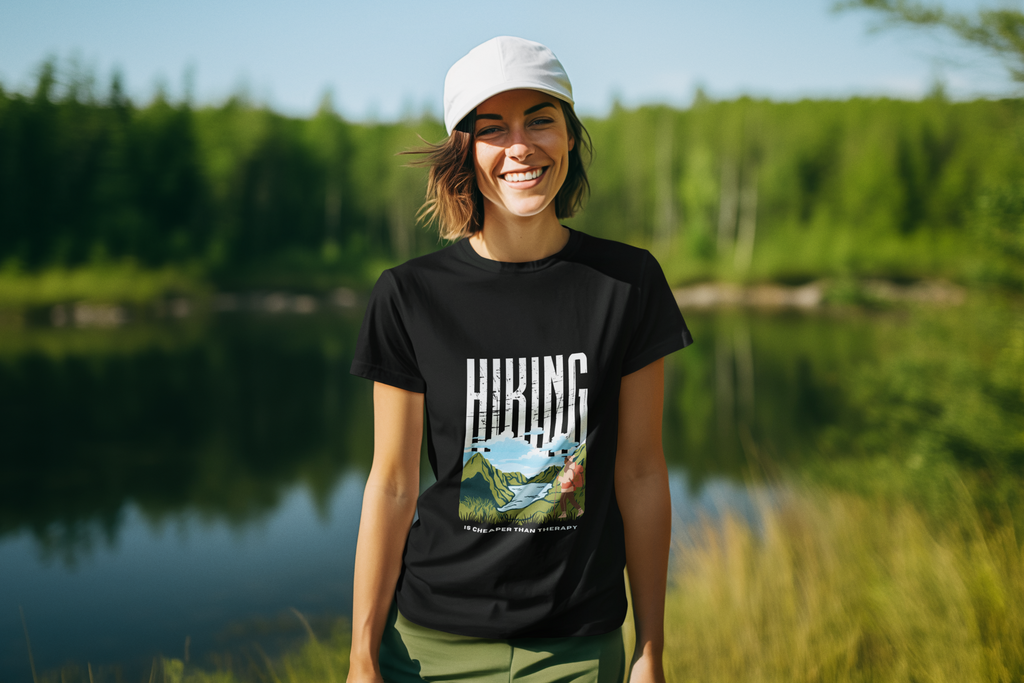 Unisex Hiking is cheaper than therapy - Female Cotton T shirt Black Adventure Hiking Camping Camper Van Beach Cruise Vacation Road Trip Wildlife Safari Wanderlust Explorer Nature Lover Mountain Outdoor Adventure Travel Vacation Camping Campfire Graphic Quote T shirt