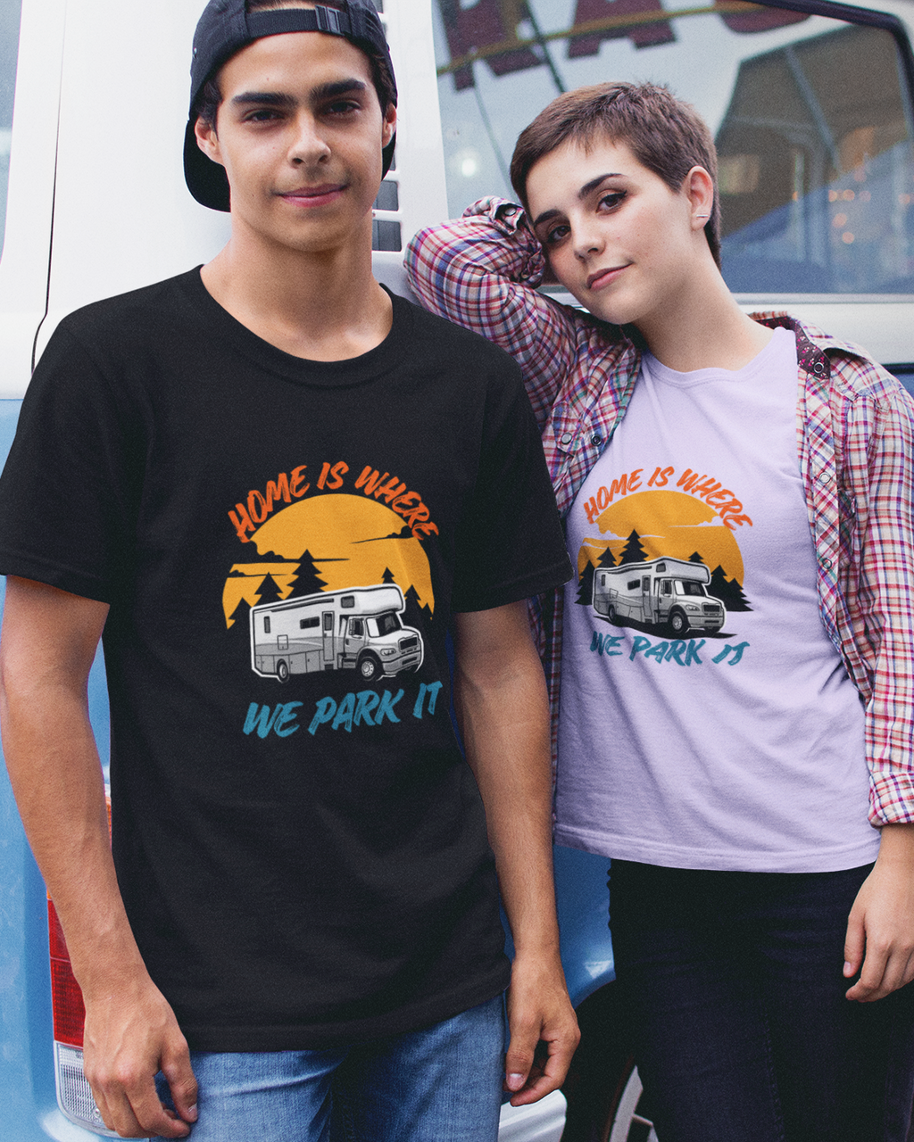 Unisex Home is where we park it Campervan Cotton T-Shirt Lavender Adventure Hiking Camping Camper Van Beach Cruise Vacation Road Trip Wildlife Safari Wanderlust Explorer Nature Lover Mountain Outdoor Adventure Travel Vacation Camping Campfire Graphic Quote T shirt