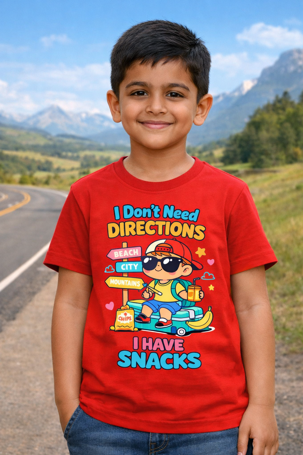 I Dont Need Directions I have Snacks - Boy Kids Travel T shirt Adventure Hiking Camping Camper Van Beach Cruise Vacation Road Trip Wildlife Safari Wanderlust Explorer Nature Lover Mountain Outdoor Adventure Travel Vacation Camping Campfire Graphic Quote T shirt