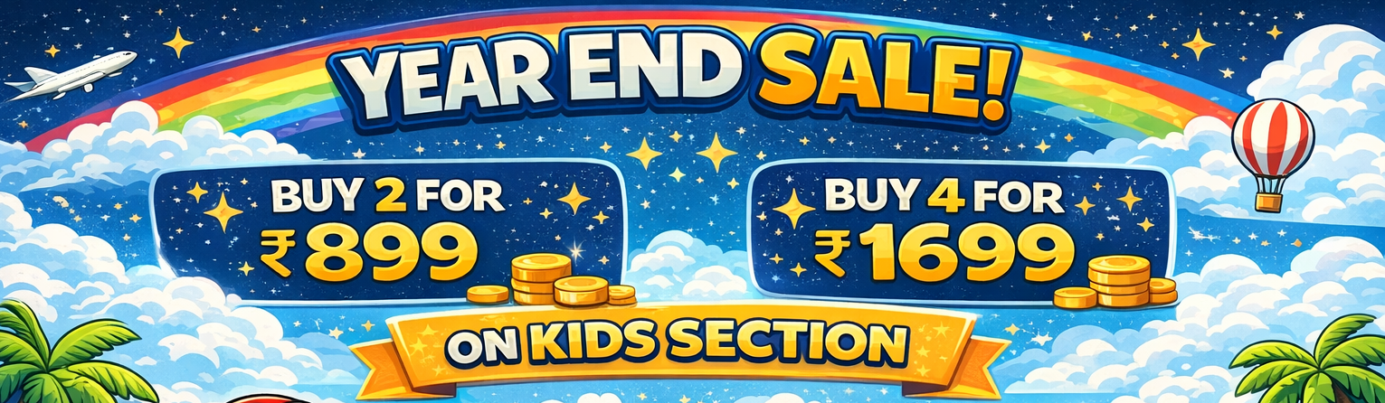 Promotional banner for a year-end sale on kids' section with rainbow, clouds, and balloons.