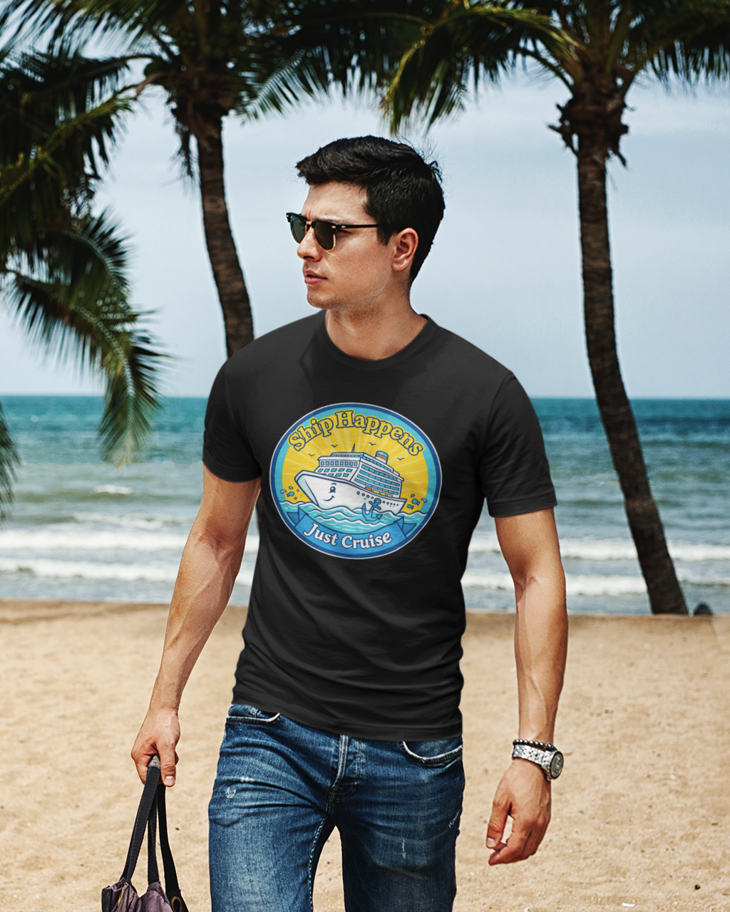 Man wearing a black t-shirt with a graphic design on a beach with palm trees and ocean in the background