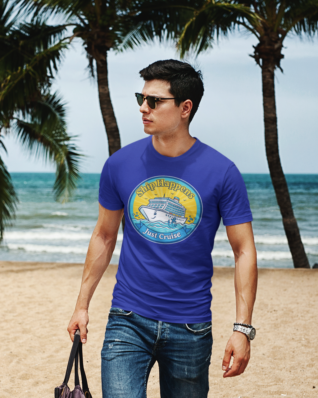 Man wearing a blue t-shirt with a graphic design on a beach