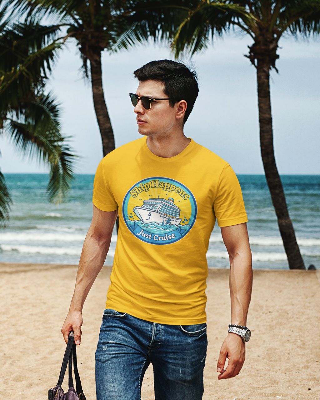 Man wearing a yellow t-shirt with a graphic design on a beach