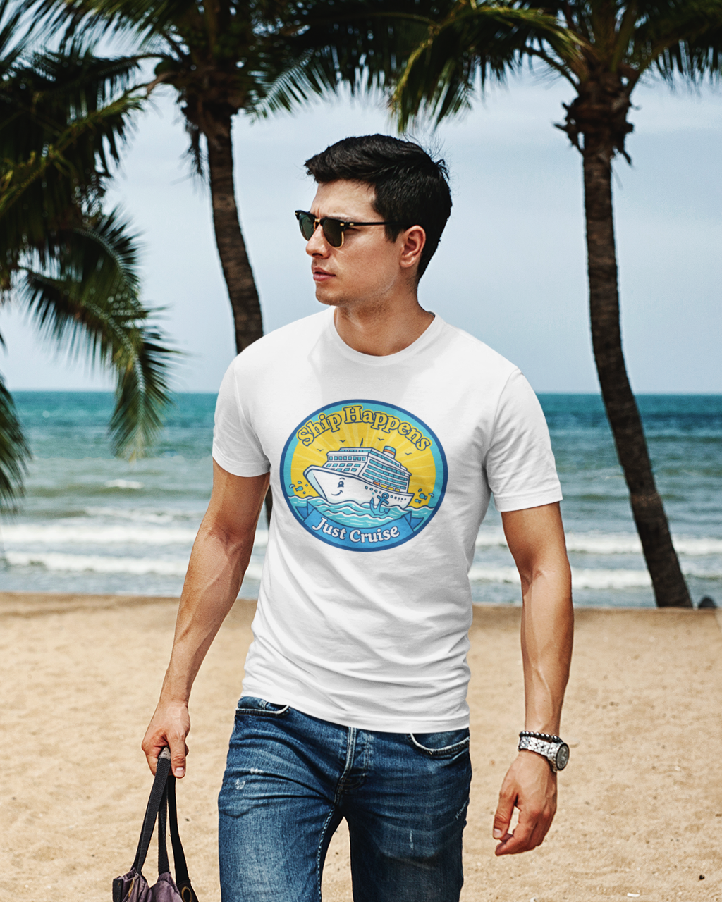 Man wearing a white t-shirt with a graphic design on a beach with palm trees and ocean in the background