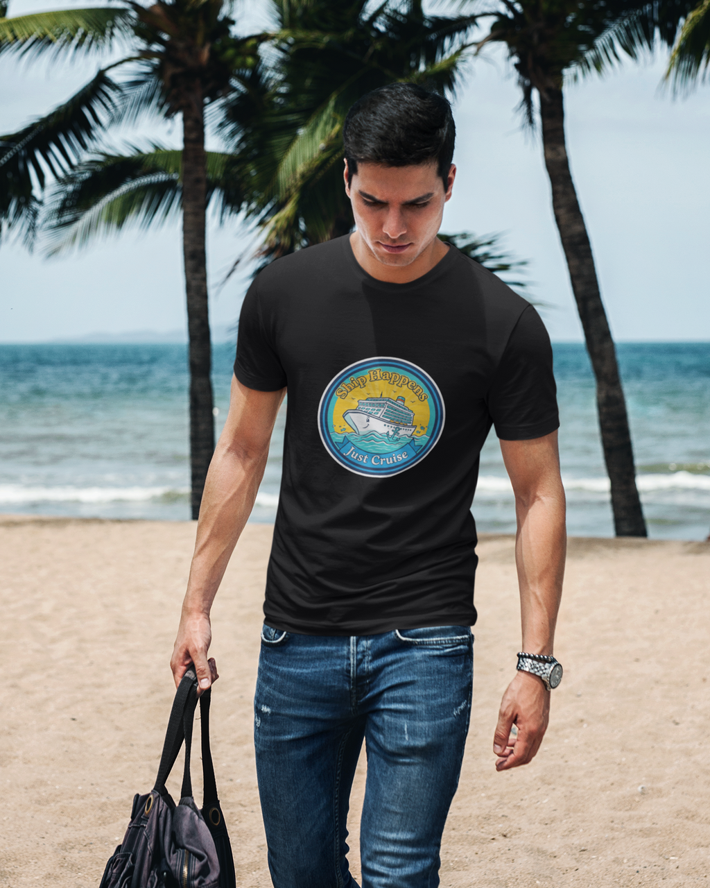 Unisex Ship Happens - Cruise Vacation Cotton T shirt Black Adventure Hiking Camping Camper Van Beach Cruise Vacation Road Trip Wildlife Safari Wanderlust Explorer Nature Lover Mountain Outdoor Adventure Travel Vacation Camping Campfire Graphic Quote T shirt