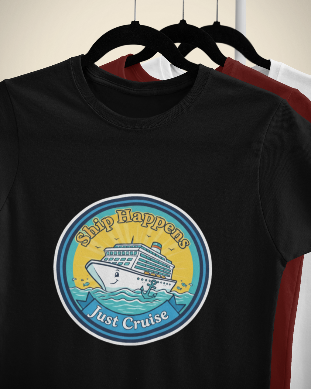 Unisex Ship Happens - Cruise Vacation Cotton T shirt Adventure Hiking Camping Camper Van Beach Cruise Vacation Road Trip Wildlife Safari Wanderlust Explorer Nature Lover Mountain Outdoor Adventure Travel Vacation Camping Campfire Graphic Quote T shirt