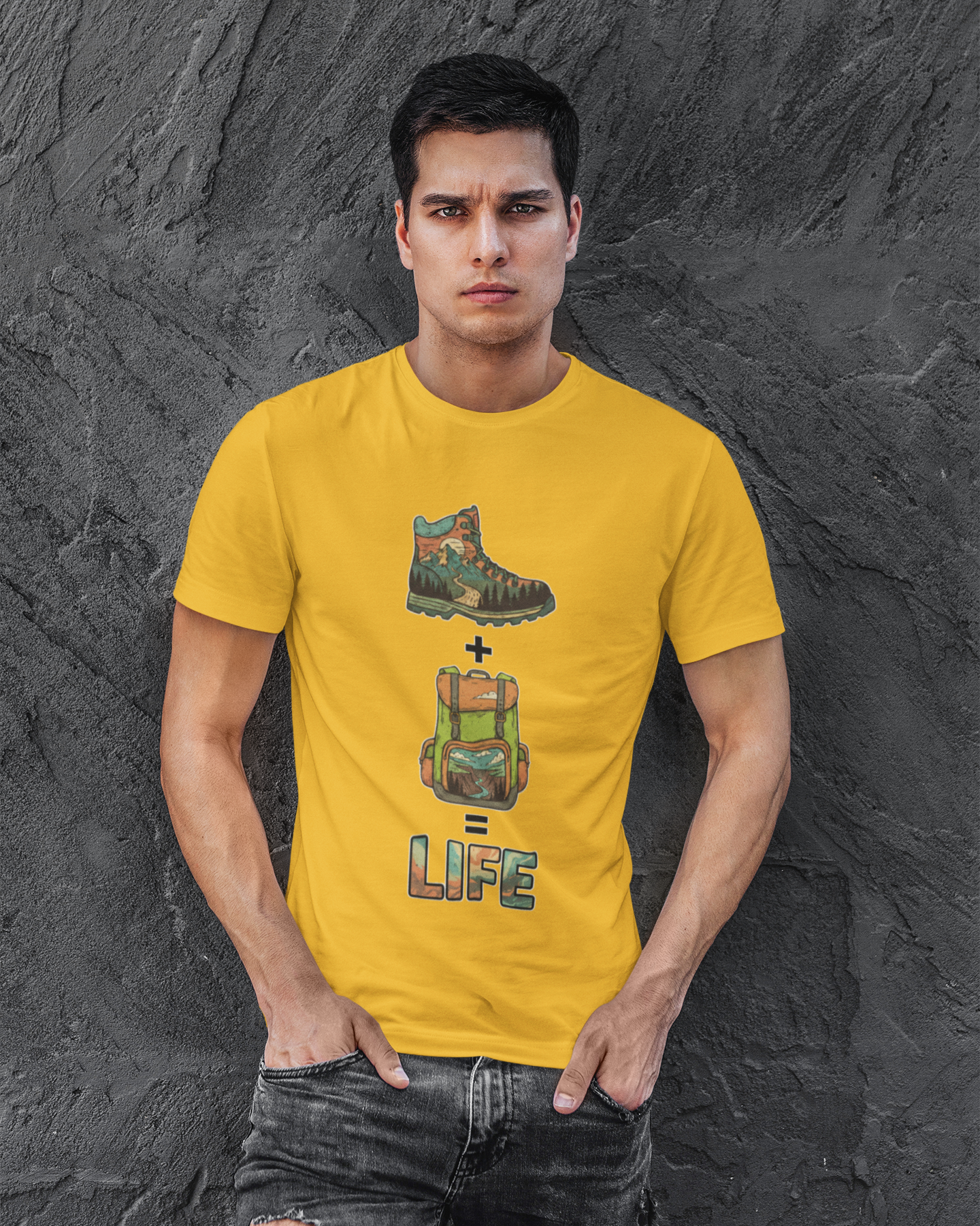 Man wearing a yellow t-shirt with graphic design and text on a dark textured background