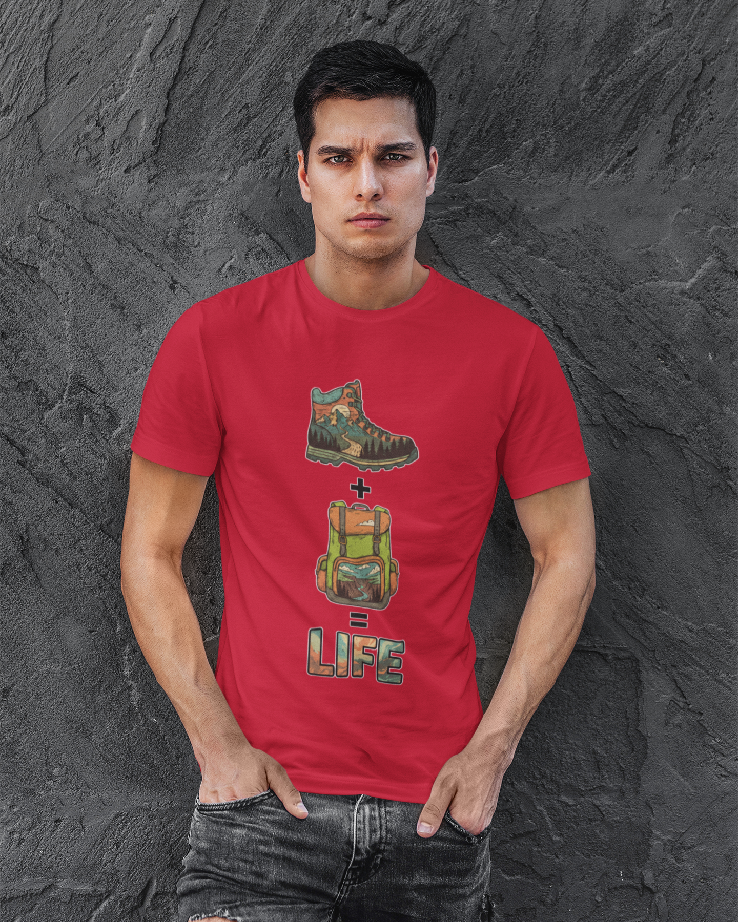 Man wearing a red t-shirt with graphic design and text against a textured gray background