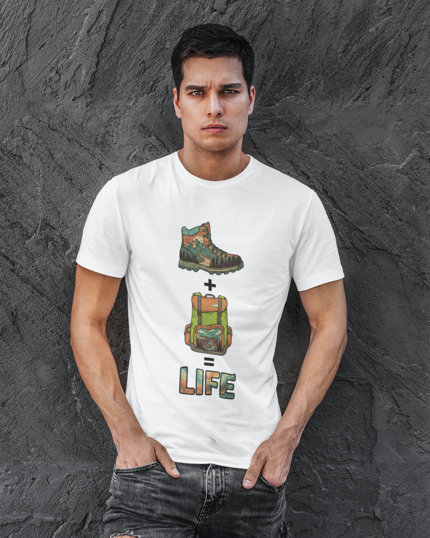 Man wearing a white t-shirt with graphic design against a textured gray background