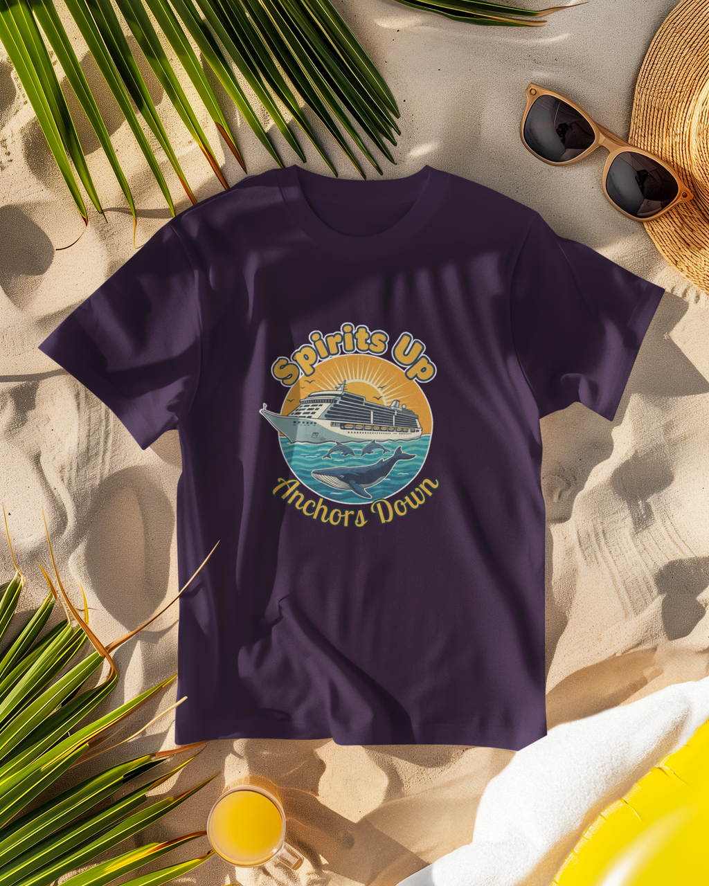 Unisex Spirits Up Anchors Down - Cruise T-Shirt Purple Adventure Hiking Camping Camper Van Beach Cruise Vacation Road Trip Wildlife Safari Wanderlust Explorer Nature Lover Mountain Outdoor Adventure Travel Vacation Camping Campfire Graphic Quote T shirt