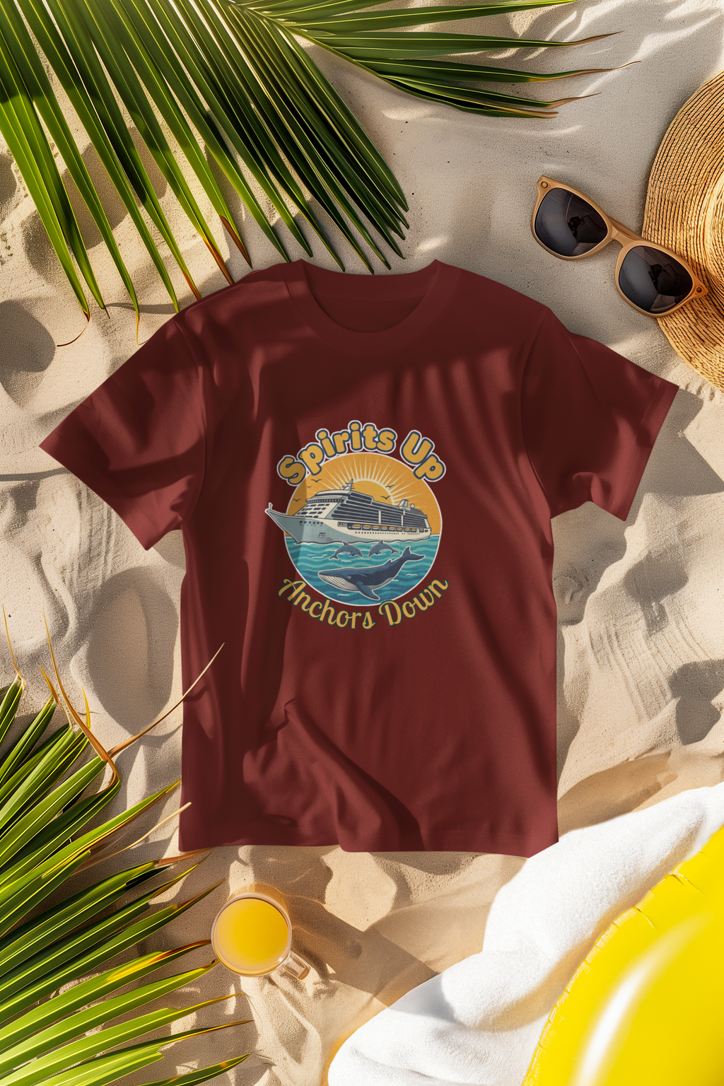 Unisex Spirits Up Anchors Down - Cruise T-Shirt Brick Red Adventure Hiking Camping Camper Van Beach Cruise Vacation Road Trip Wildlife Safari Wanderlust Explorer Nature Lover Mountain Outdoor Adventure Travel Vacation Camping Campfire Graphic Quote T shirt