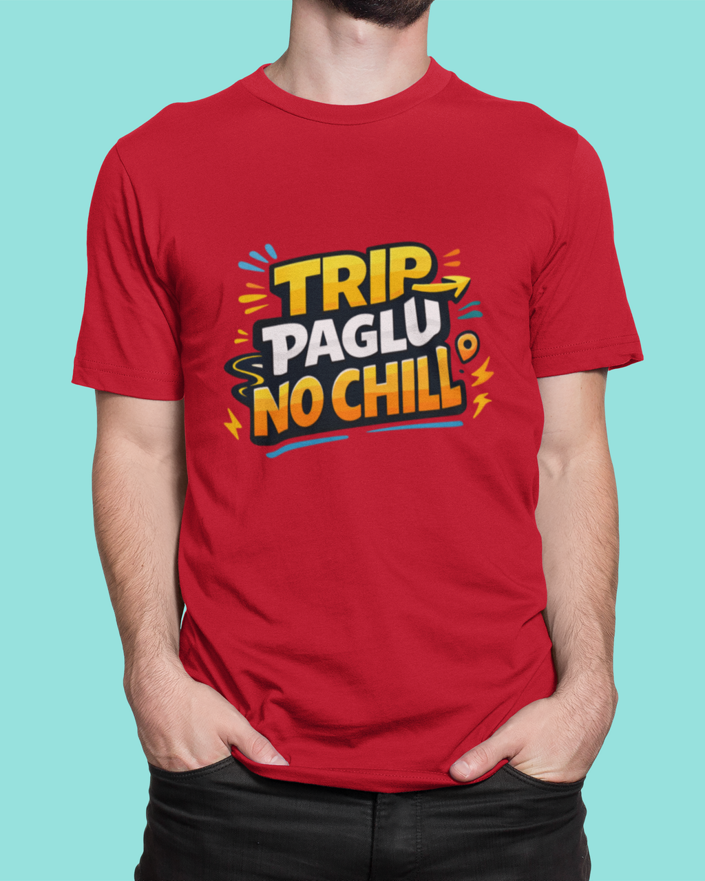 Red t-shirt with colorful text design on a blue background