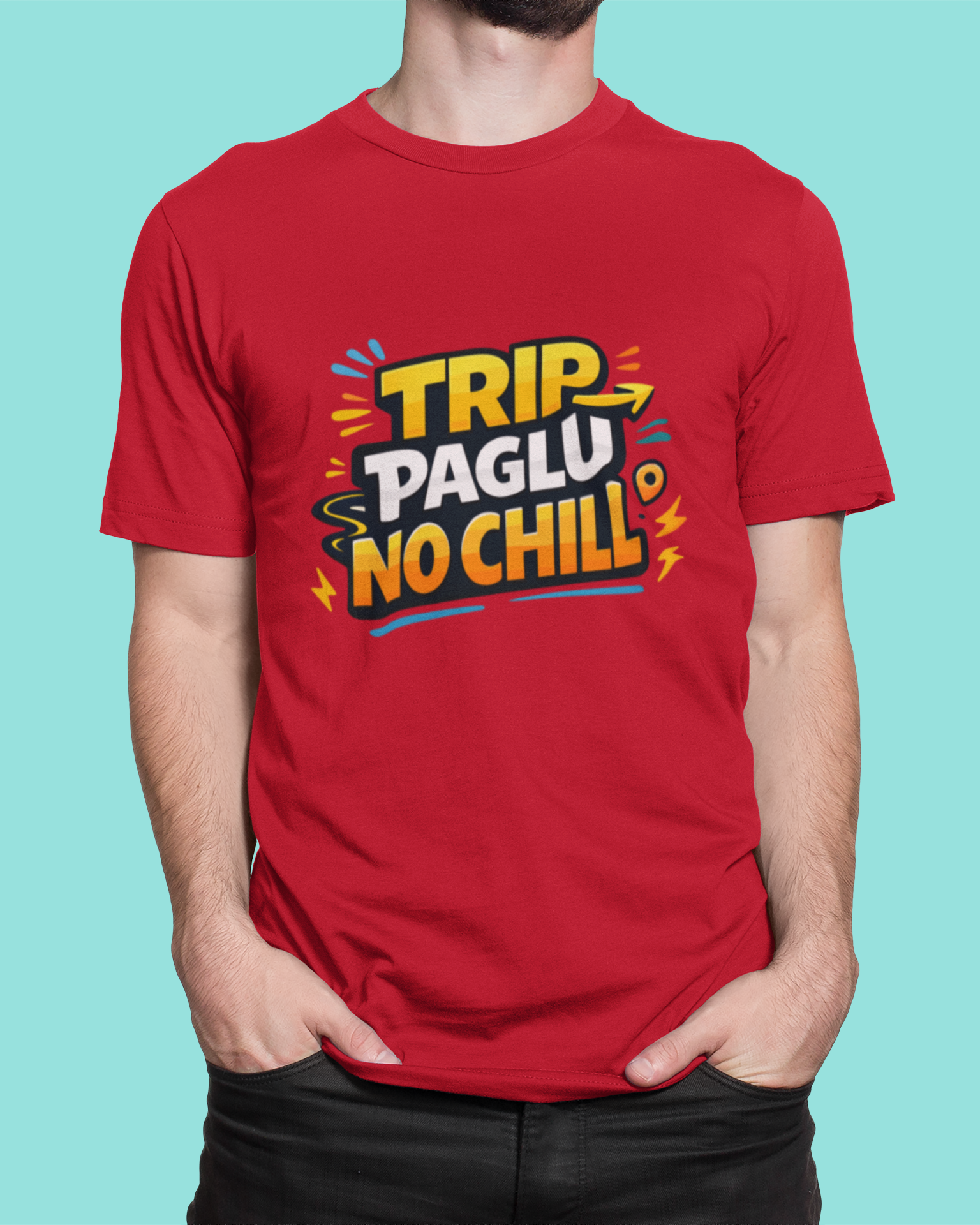 Red t-shirt with colorful text design on a blue background