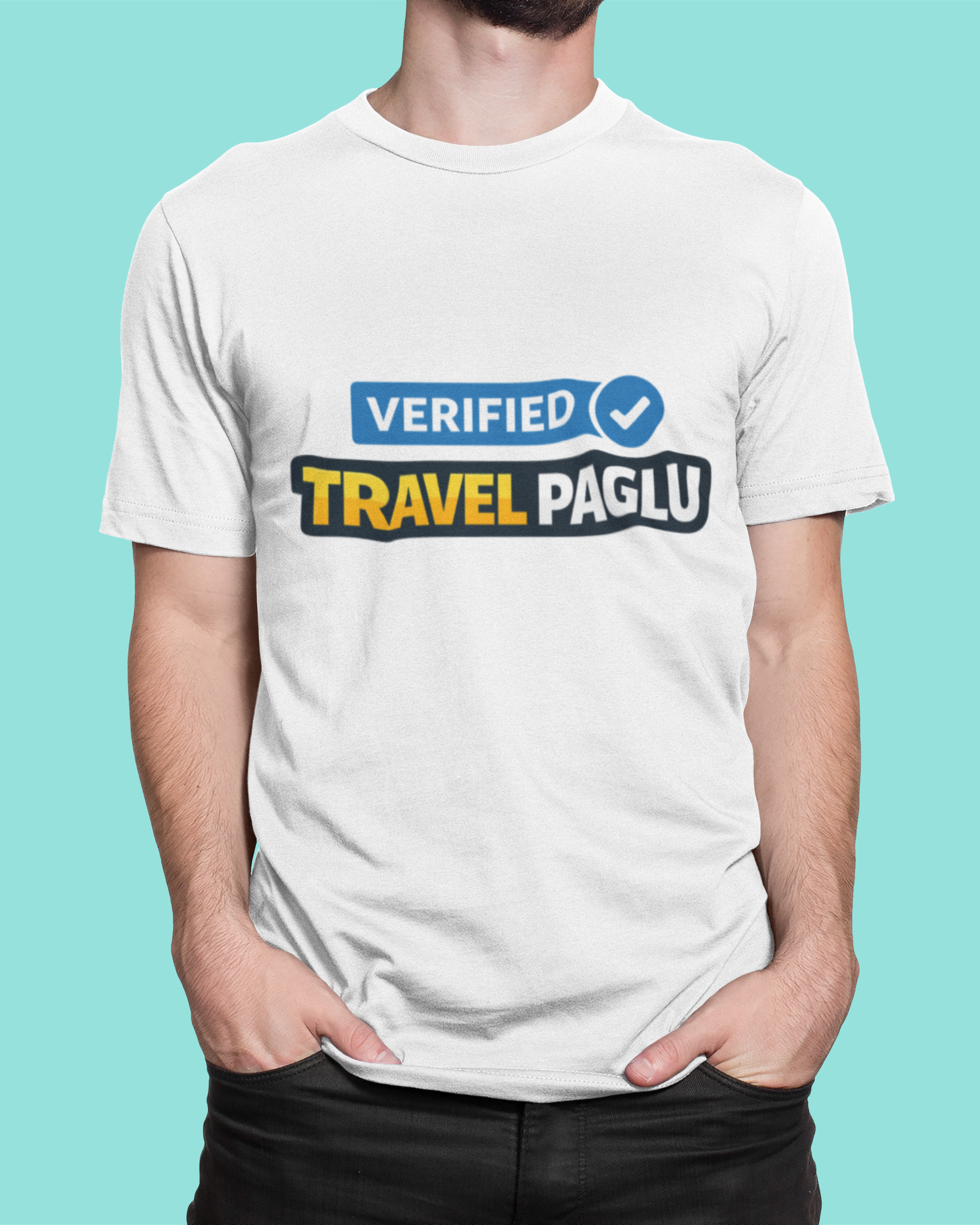 Person wearing a white t-shirt with 'Verified Travel Paglu' text on a teal background