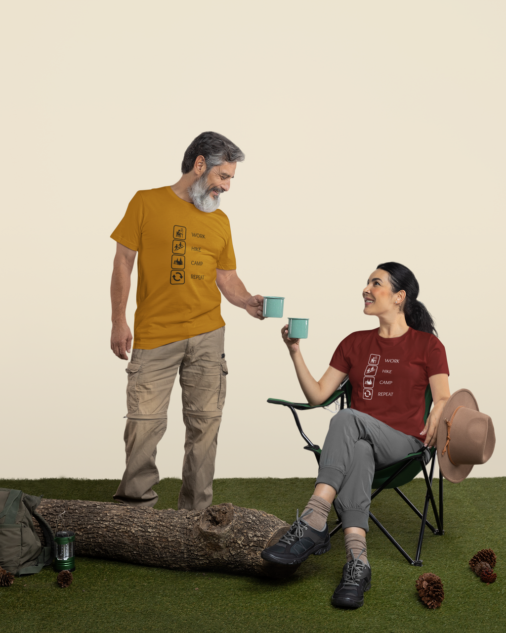 Unisex Work Hike Camp Cotton T-Shirt Mustard Yellow Adventure Hiking Camping Camper Van Beach Cruise Vacation Road Trip Wildlife Safari Wanderlust Explorer Nature Lover Mountain Outdoor Adventure Travel Vacation Camping Campfire Graphic Quote T shirt