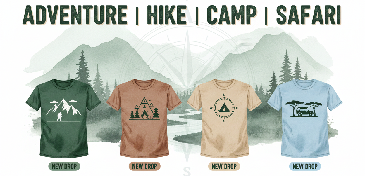 "Adventure | Hike | Camp | Safari" create a new banner with title for new drops add test in quotes. Do not add buy now button