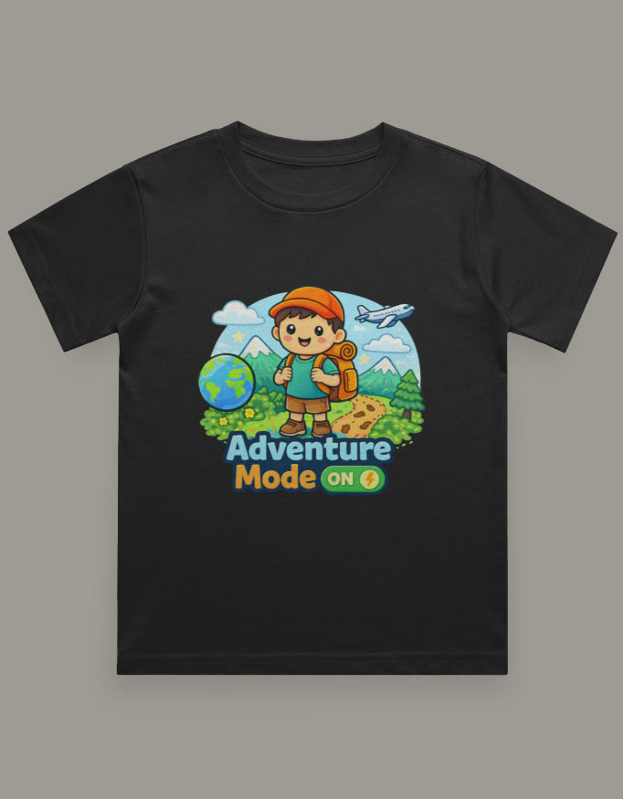 Adventure Mode On Kids Adventure Travel T Shirt Black Adventure Hiking Camping Camper Van Beach Cruise Vacation Road Trip Wildlife Safari Wanderlust Explorer Nature Lover Mountain Outdoor Adventure Travel Vacation Camping Campfire Graphic Quote T shirt