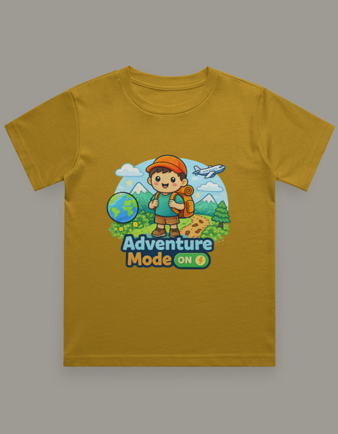 Adventure Mode On Kids Adventure Travel T Shirt Mustard Yellow Adventure Hiking Camping Camper Van Beach Cruise Vacation Road Trip Wildlife Safari Wanderlust Explorer Nature Lover Mountain Outdoor Adventure Travel Vacation Camping Campfire Graphic Quote T shirt