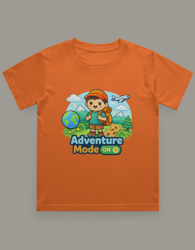 Adventure Mode On Kids Adventure Travel T Shirt Orange Adventure Hiking Camping Camper Van Beach Cruise Vacation Road Trip Wildlife Safari Wanderlust Explorer Nature Lover Mountain Outdoor Adventure Travel Vacation Camping Campfire Graphic Quote T shirt