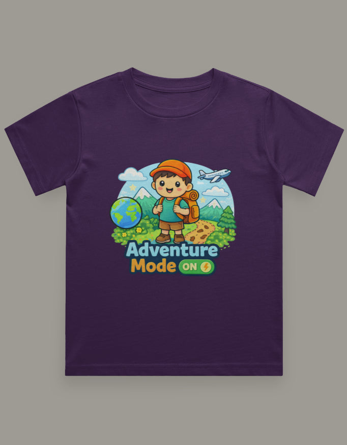 Adventure Mode On Kids Adventure Travel T Shirt Purple Adventure Hiking Camping Camper Van Beach Cruise Vacation Road Trip Wildlife Safari Wanderlust Explorer Nature Lover Mountain Outdoor Adventure Travel Vacation Camping Campfire Graphic Quote T shirt