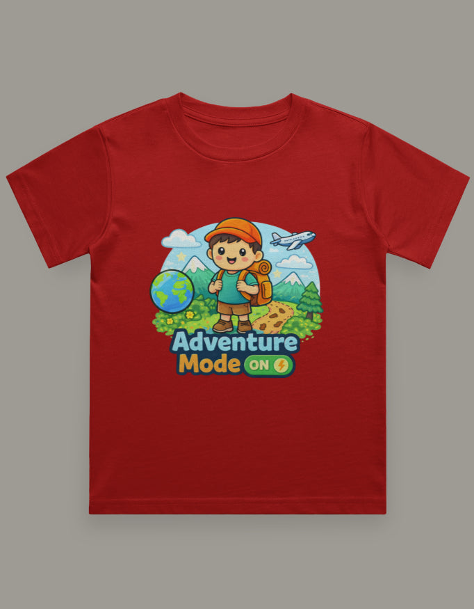 Adventure Mode On Kids Adventure Travel T Shirt Red Adventure Hiking Camping Camper Van Beach Cruise Vacation Road Trip Wildlife Safari Wanderlust Explorer Nature Lover Mountain Outdoor Adventure Travel Vacation Camping Campfire Graphic Quote T shirt