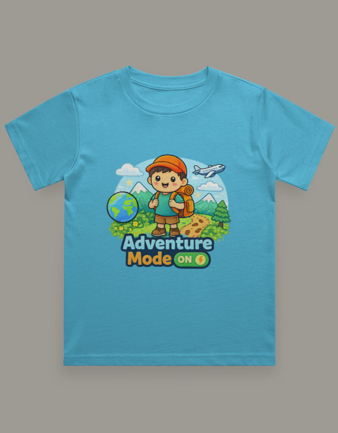 Adventure Mode On Kids Adventure Travel T Shirt Sky Blue Adventure Hiking Camping Camper Van Beach Cruise Vacation Road Trip Wildlife Safari Wanderlust Explorer Nature Lover Mountain Outdoor Adventure Travel Vacation Camping Campfire Graphic Quote T shirt