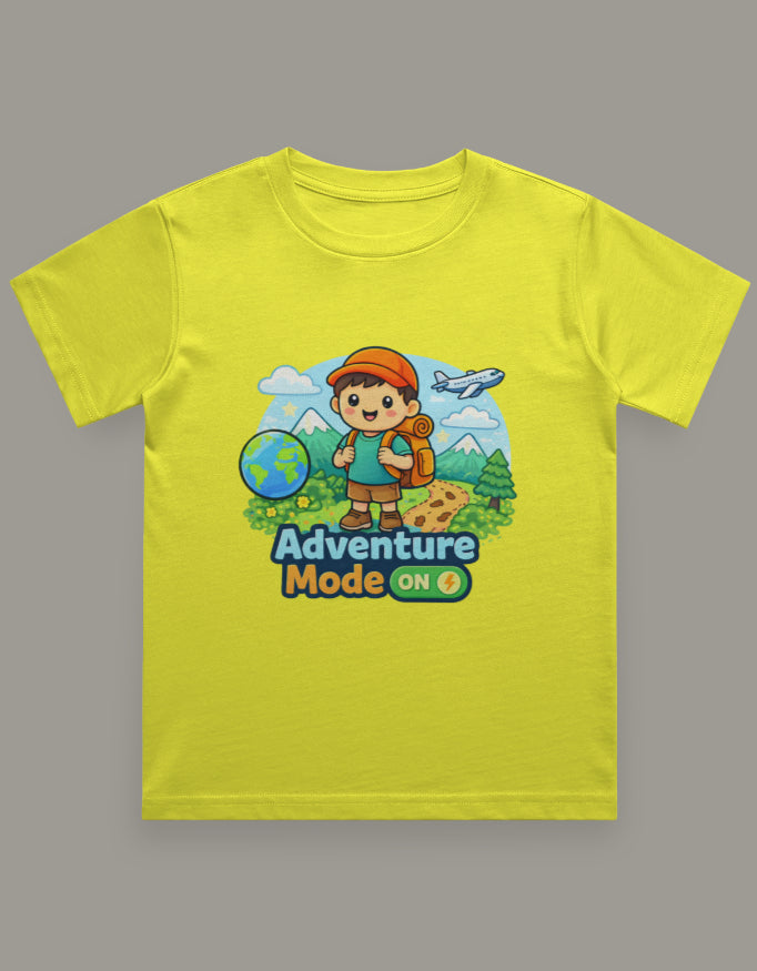 Adventure Mode On Kids Adventure Travel T Shirt Yellow Adventure Hiking Camping Camper Van Beach Cruise Vacation Road Trip Wildlife Safari Wanderlust Explorer Nature Lover Mountain Outdoor Adventure Travel Vacation Camping Campfire Graphic Quote T shirt