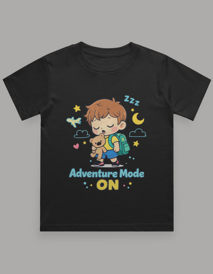 Adventure Mode On Sleepy Kids Adventure Travel T Shirt Black Adventure Hiking Camping Camper Van Beach Cruise Vacation Road Trip Wildlife Safari Wanderlust Explorer Nature Lover Mountain Outdoor Adventure Travel Vacation Camping Campfire Graphic Quote T shirt