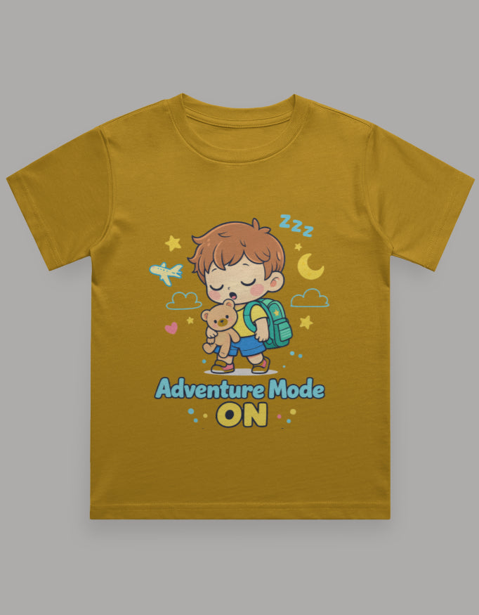 Adventure Mode On Sleepy Kids Adventure Travel T Shirt Mustard Yellow Adventure Hiking Camping Camper Van Beach Cruise Vacation Road Trip Wildlife Safari Wanderlust Explorer Nature Lover Mountain Outdoor Adventure Travel Vacation Camping Campfire Graphic Quote T shirt