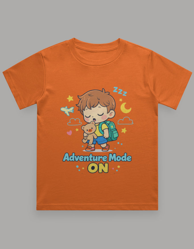 Adventure Mode On Sleepy Kids Adventure Travel T Shirt Orange Adventure Hiking Camping Camper Van Beach Cruise Vacation Road Trip Wildlife Safari Wanderlust Explorer Nature Lover Mountain Outdoor Adventure Travel Vacation Camping Campfire Graphic Quote T shirt
