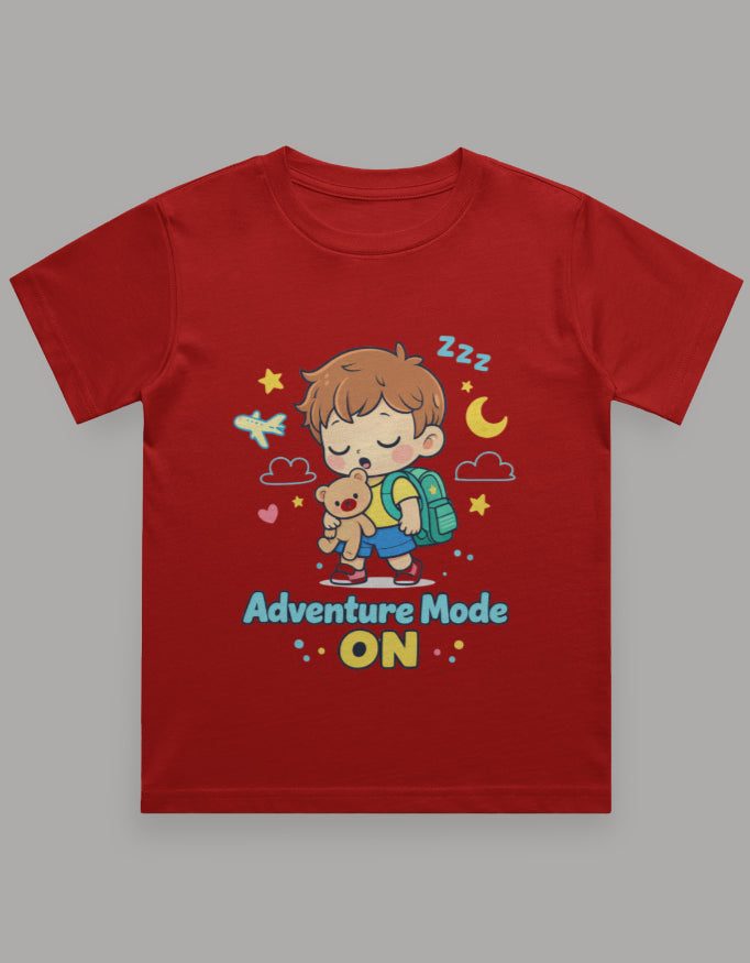 Adventure Mode On Sleepy Kids Adventure Travel T Shirt Red Adventure Hiking Camping Camper Van Beach Cruise Vacation Road Trip Wildlife Safari Wanderlust Explorer Nature Lover Mountain Outdoor Adventure Travel Vacation Camping Campfire Graphic Quote T shirt