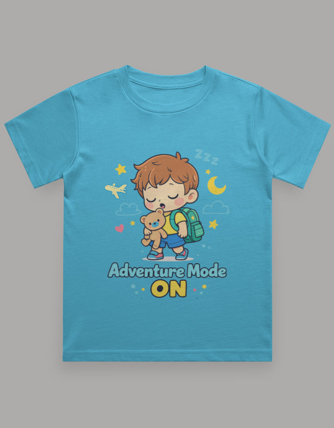 Adventure Mode On Sleepy Kids Adventure Travel T Shirt Sky Blue Adventure Hiking Camping Camper Van Beach Cruise Vacation Road Trip Wildlife Safari Wanderlust Explorer Nature Lover Mountain Outdoor Adventure Travel Vacation Camping Campfire Graphic Quote T shirt