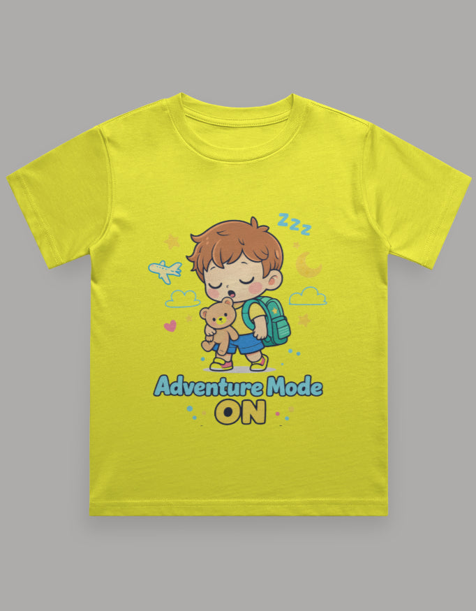 Adventure Mode On Sleepy Kids Adventure Travel T Shirt Yellow Adventure Hiking Camping Camper Van Beach Cruise Vacation Road Trip Wildlife Safari Wanderlust Explorer Nature Lover Mountain Outdoor Adventure Travel Vacation Camping Campfire Graphic Quote T shirt