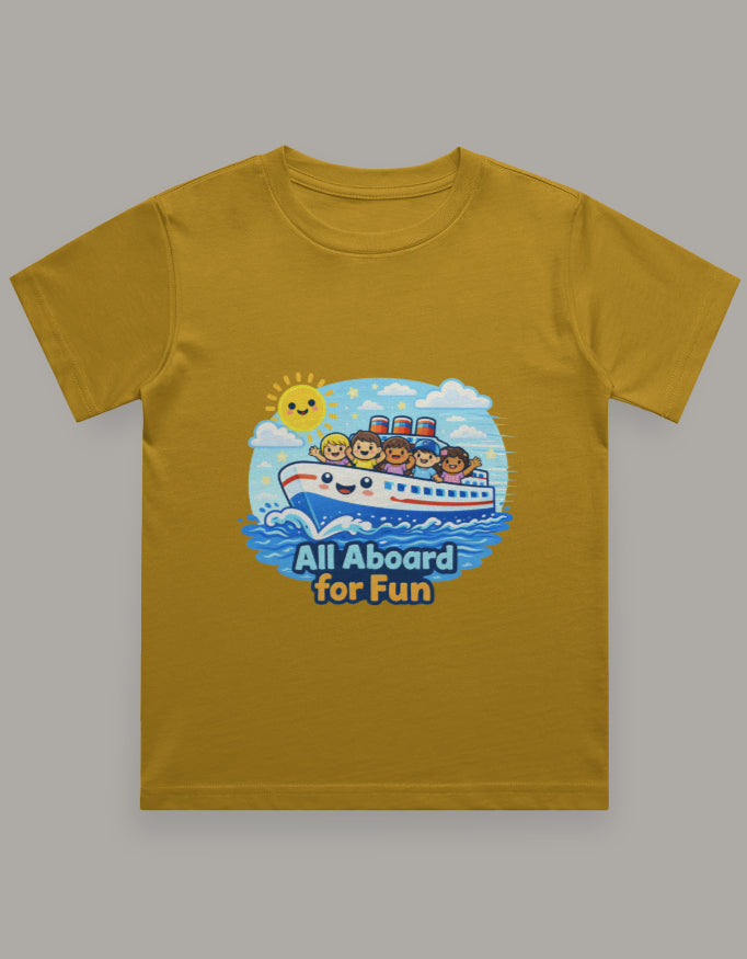 All Aboard For Fun Beach Cruise Vacation Travel T Shirt Mustard Yellow Adventure Hiking Camping Camper Van Beach Cruise Vacation Road Trip Wildlife Safari Wanderlust Explorer Nature Lover Mountain Outdoor Adventure Travel Vacation Camping Campfire Graphic Quote T shirt