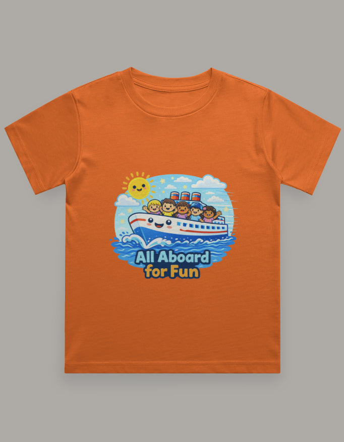 All Aboard For Fun Beach Cruise Vacation Travel T Shirt Orange Adventure Hiking Camping Camper Van Beach Cruise Vacation Road Trip Wildlife Safari Wanderlust Explorer Nature Lover Mountain Outdoor Adventure Travel Vacation Camping Campfire Graphic Quote T shirt