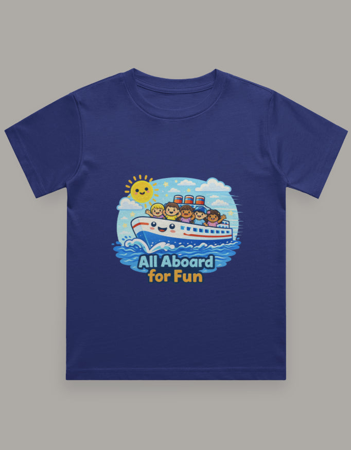 All Aboard For Fun Beach Cruise Vacation Travel T Shirt Royal Blue Adventure Hiking Camping Camper Van Beach Cruise Vacation Road Trip Wildlife Safari Wanderlust Explorer Nature Lover Mountain Outdoor Adventure Travel Vacation Camping Campfire Graphic Quote T shirt