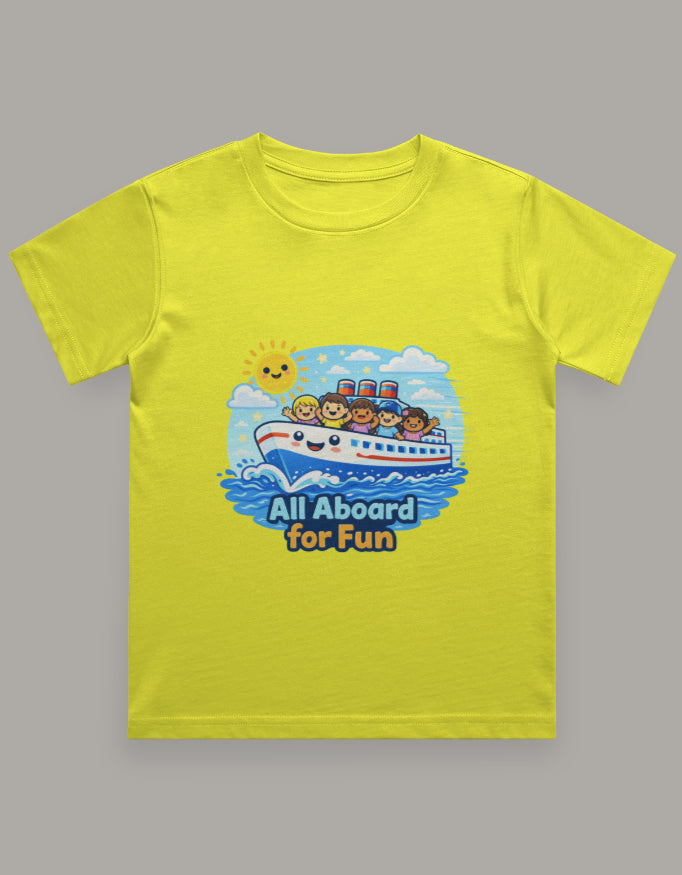 All Aboard For Fun Beach Cruise Vacation Travel T Shirt Yellow Adventure Hiking Camping Camper Van Beach Cruise Vacation Road Trip Wildlife Safari Wanderlust Explorer Nature Lover Mountain Outdoor Adventure Travel Vacation Camping Campfire Graphic Quote T shirt