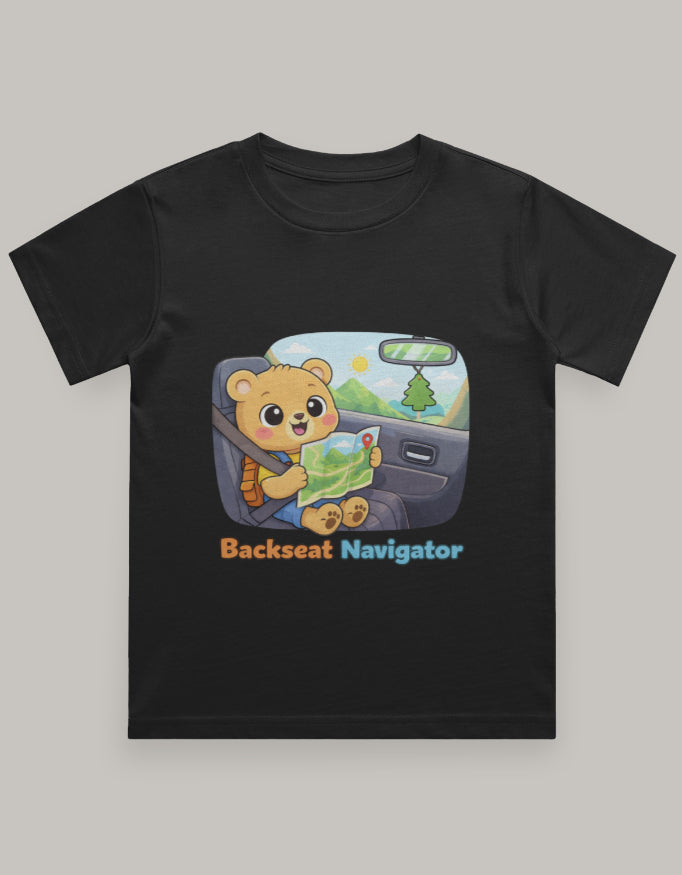 Backseat Navigator Kids Travel T shirt Black Adventure Hiking Camping Camper Van Beach Cruise Vacation Road Trip Wildlife Safari Wanderlust Explorer Nature Lover Mountain Outdoor Adventure Travel Vacation Camping Campfire Graphic Quote T shirt